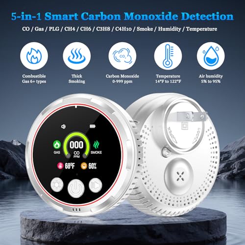5-in-1 Carbon Monoxide Detectors£¬Portable Carbon Monoxide Detectors for Travel | Natural Gas Detector with Temp, Humidity Display | Carbon Monoxide Detector Plug in Wall (1 Pack)