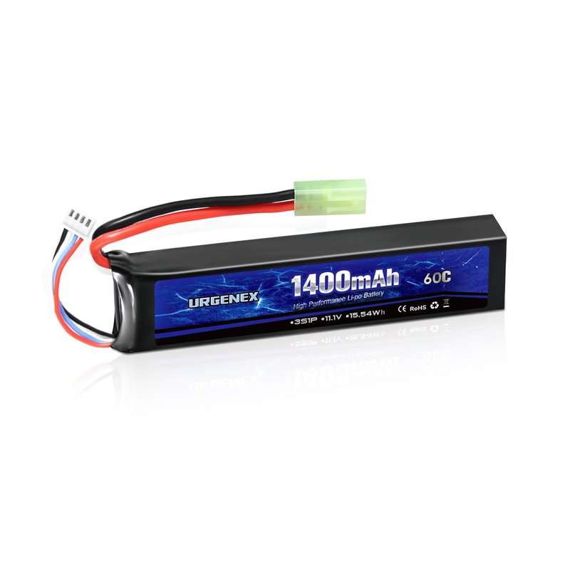 URGENEX Airsoft Battery 11.1V 1400mAh 60C High Discharge Rate Lipo Pack with Mini Tamiya Plug Rechargeable 3S Lipo Battery for Airsoft Model Guns