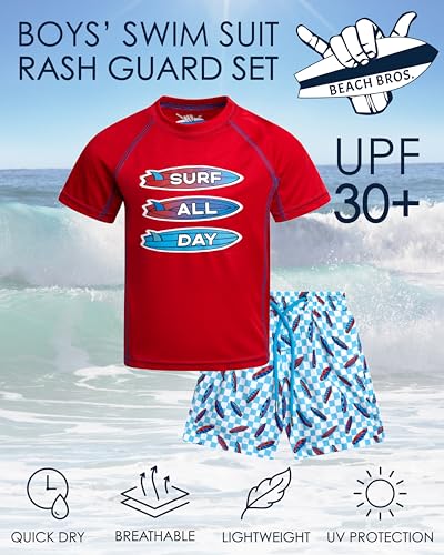 Boys Rash Guard Swimsuit Set - UPF 30+ Short Sleeve Swimwear (Sizes 5-14)