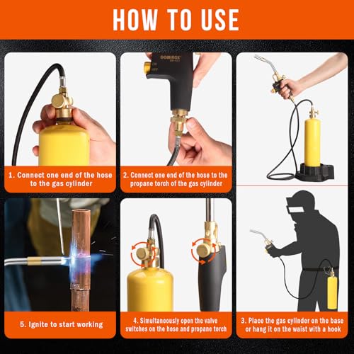 DOMINOX Propane Torch Head with 5FT Hose, Base and Cylinder Clip, Torch Head Trigger Start Gas Torch for Propane and Mapp, MAPP Gas Torch Kit for Soldering, Welding, Cooking (Not Included Gas Tank)