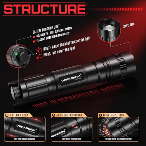 DARKBEAM Red Light LED Flashlight Tactical USB Rechargeable Stepless Dimming, Flood/Spot Portable Handheld Redlight for Night Hunting, Camping, Observation, Fishing, Astronomy, Rescue, Stargazin
