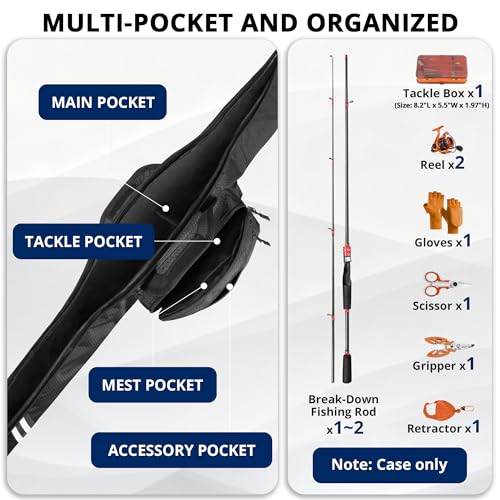PEKREWS 52-Inch Adjustable Fishing Rod Case with Tackle Pockets, Black - Fits 1-2 Reels