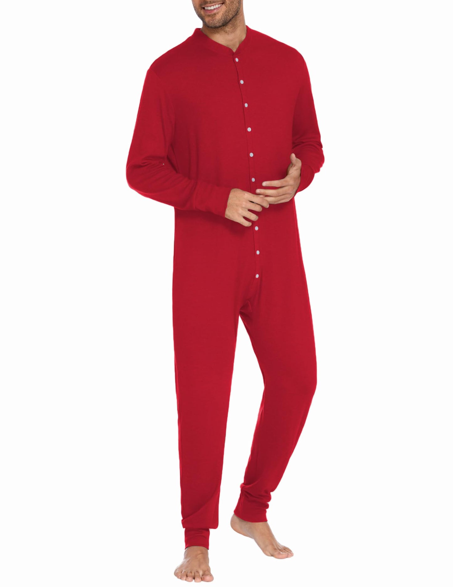 Ekouaer Men's One Piece Pajama Thermal Full Button Union Suit Long Sleeve Onesie with Button Flap Red XL