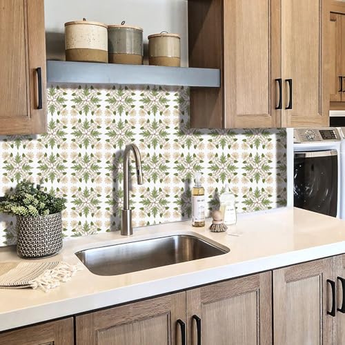 AMAZINGWALL Home Kitchen Backsplash Tile Squares Maile Leaf & Pikake Lei Peel and Stick Waterproof Bathroom Countertop Self Adhesive Decoration Mural Wall Sticker 4x4/pcs 24PCS