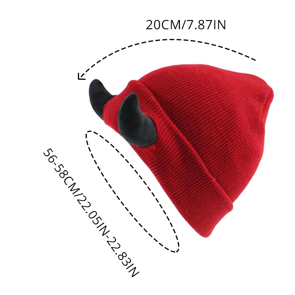 Womens Halloween Devil Horn Hat Skull Hat Warm Knitted Winter Beanie Cuffed Funny Alt Emo Scene Cap Y2k Accessories (US, Alpha, One Size, Black-Red)