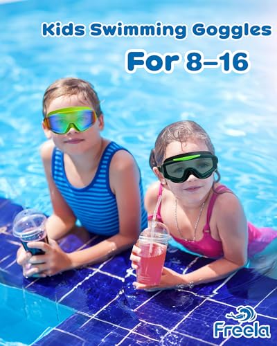 Freela Kids Swim Goggles Anti-Fog UV Protection, Green-Black & Black, 8-16 Years
