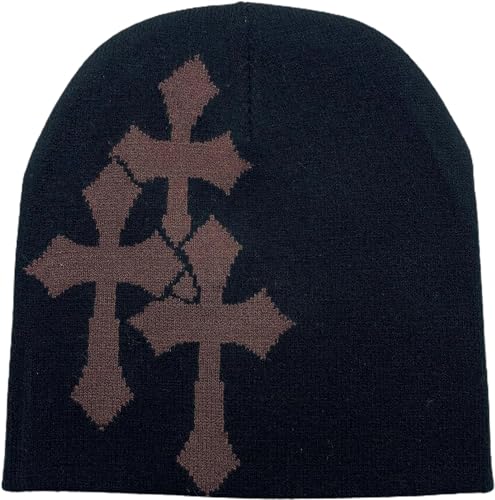 Pooyikoi Y2K Dark Cross Wool Hat for Cold Weather - Black-White, One Size