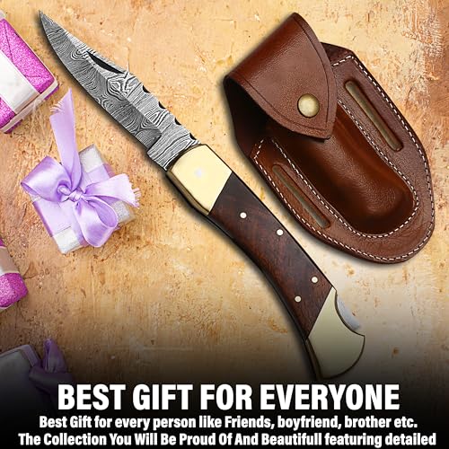 Bodacious Knives Damascus Folding Pocket Knife with Walnut Wood Handle and Sheath