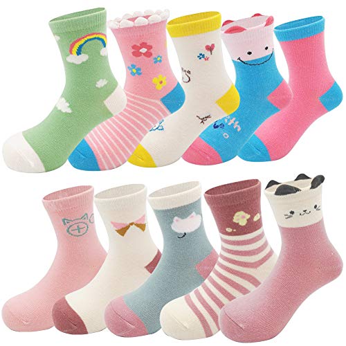 Zumou Toddler Girls Rainbow Cotton Crew Socks 5-7 Years 10 Pack
