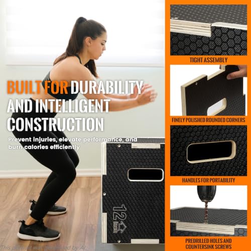 CAELUM 3-in-1 Black Wooden Plyometric Jump Box - 16 x 13 x 12 Inches, Non-Slip Gym Equipment