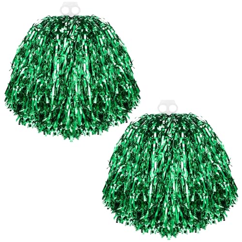Green Cheerleading Pom Poms XL Hand Flowers 2-Pack - Sparkling Metallic Foil for Sports & Events