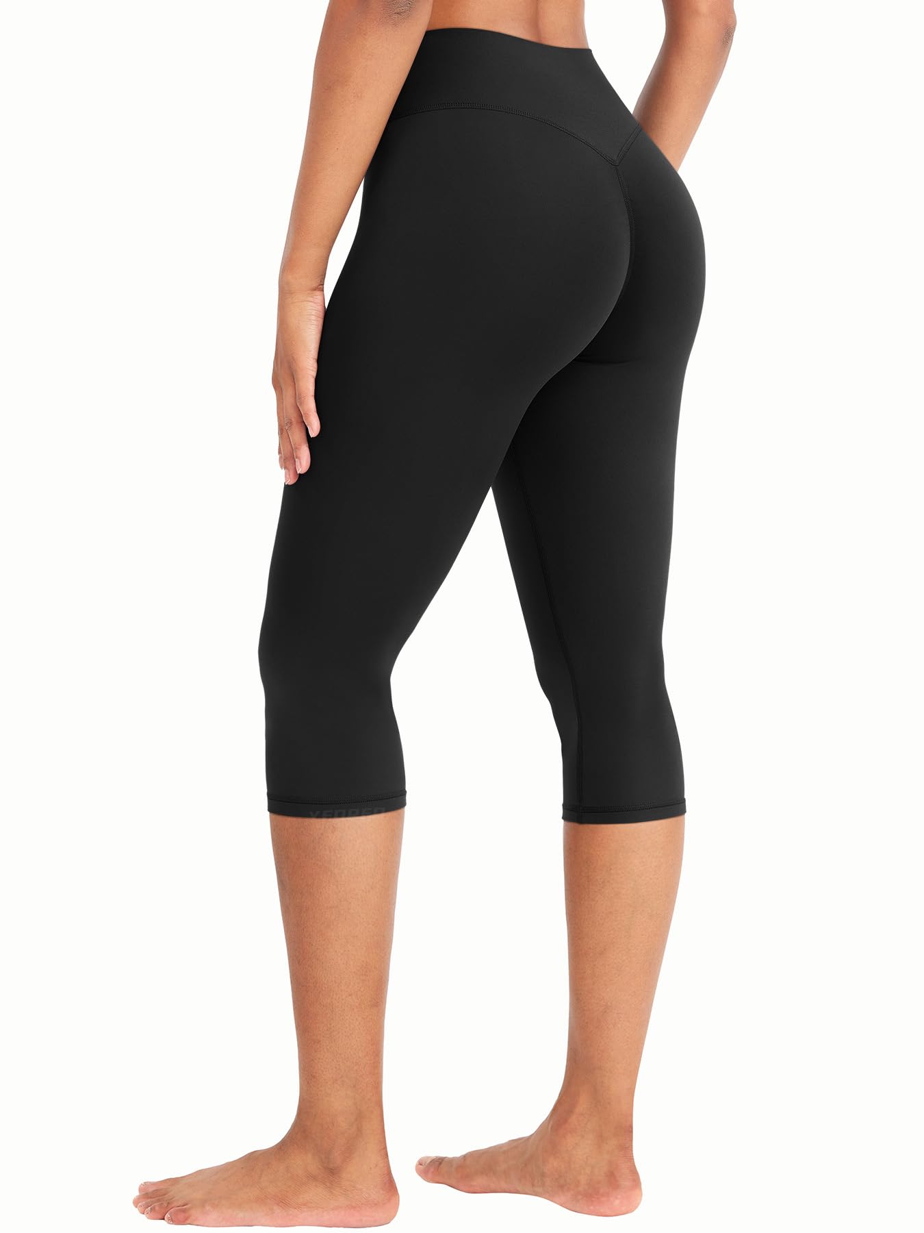 YEOREO Ease Womens Workout Capri Leggings 17" No Front Seam High Waisted Hidden Scrunch Gym Yoga Pants Black
