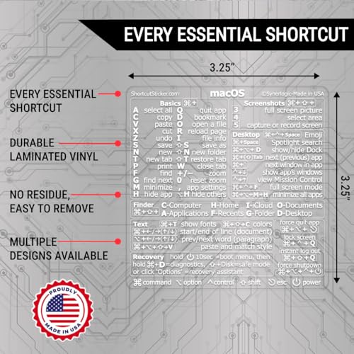 macOS Keyboard Shortcuts Sticker - Laminated Vinyl Cheatsheet - Clear/White