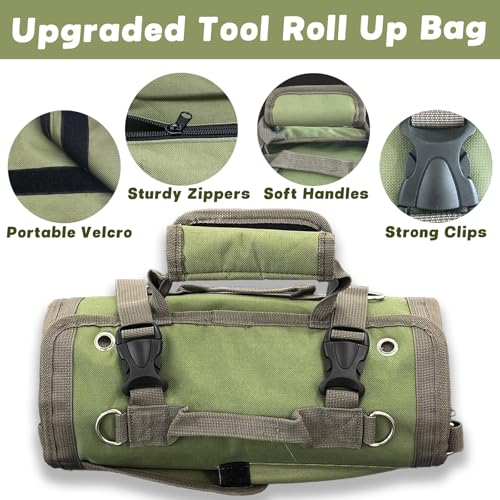 Roll Up Tool Bag Organizer, 11 Pockets Heavy Duty Storage Tool Bag Pouch Organization Portable Foldable Detachable Gifts for Men, Mechanic, Electrician, Craftsman, with 2 Small Pouches, Green (Green)