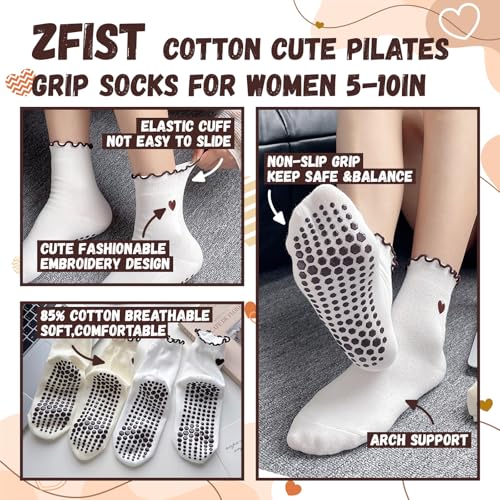 Pilates Socks with Grips for Women - 4 Pairs, Beige+White+Khaki+Dark Brown