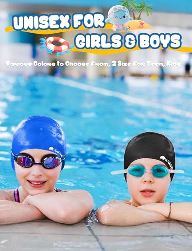 Kids Swim Cap Set - Silicone Swim Caps for Long & Short Hair - Black & Blue