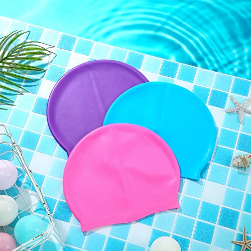 Kids Swim Cap Silicone Long Hair Waterproof for Girls Boys - Pink, Light Blue, Purple