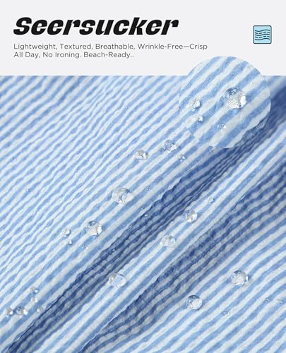 CoozySphere Men's Seersucker Swim Shorts 5 Inch Blue White Stripe Quick Dry Beach Trunks with Pockets