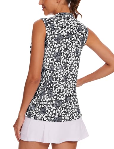 Tanst Sky Women's Sleeveless Golf Shirt with Zip, Pockets - Small Black White Leaf
