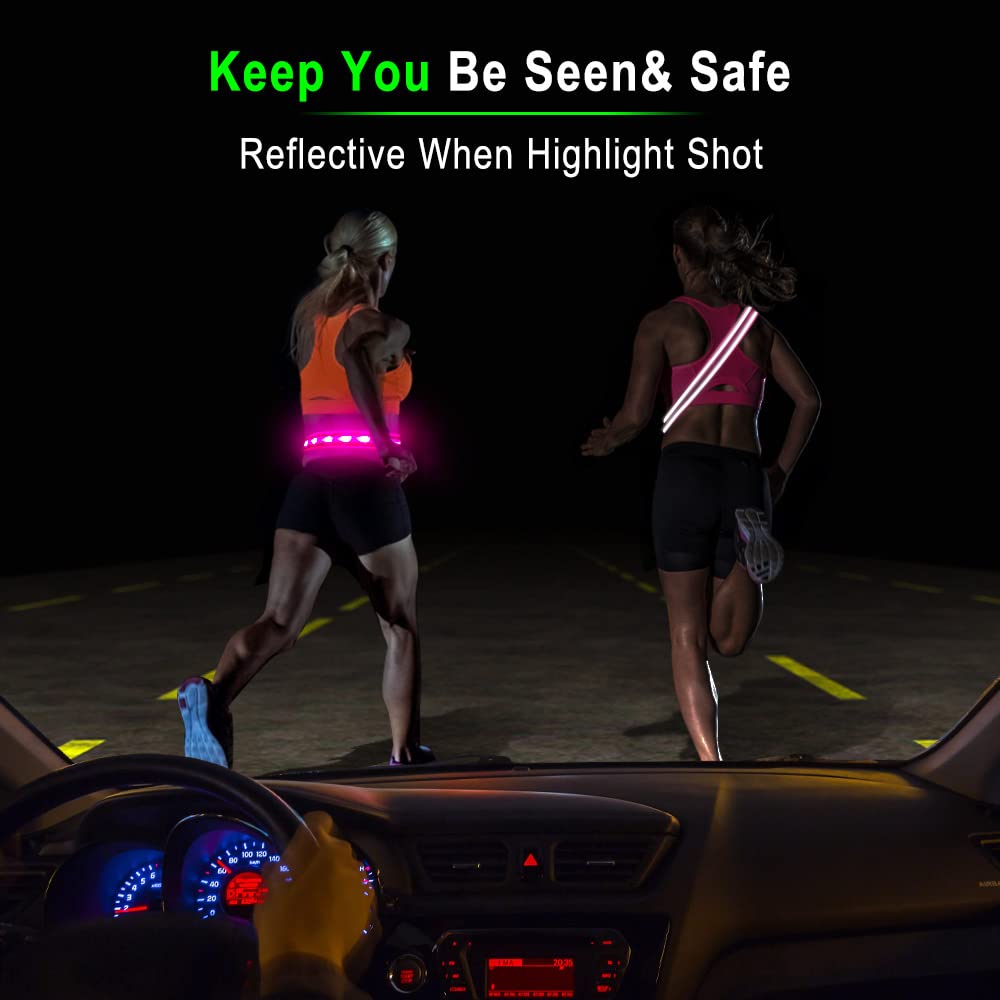 BSEEN LED Running Waist Belt - USB Rechargeable Reflective Glowing LED Waistband, Flashing Safety Light Belt for Runners, Joggers, Walkers, Pet Owners, Cyclists in Candy Pink