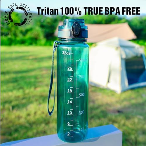 OLDLEY 32oz Deep Sea Water Bottle with Time Marker - Motivational Sports Flask