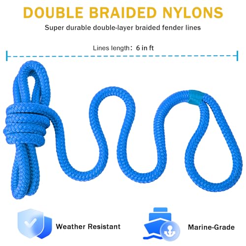 PropelTech Lake Blue 3/8" x 6ft Nylon Boat Fender Lines - Marine Dock Ropes