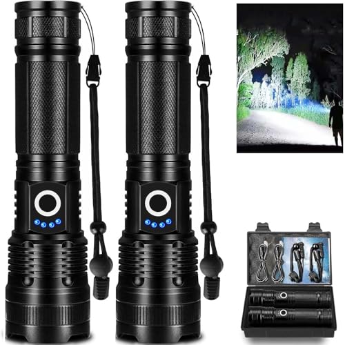 Led Flashlights High Lumens Rechargeable 2 Pack, 99000 Lumen Super Bright Fashlight with 5000?Ah ¥Âattery, Waterproof Powerful Flash Light Multifunctional Flashlights for Home Camping Hiking