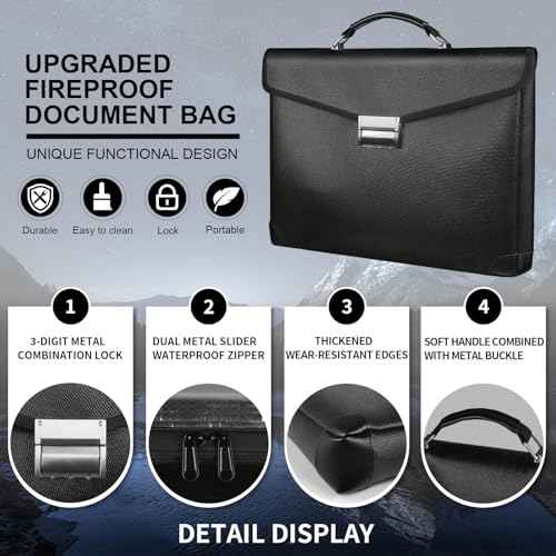 Fireproof Document Bag 14.5"X11"X2.5" Fireproof Money Bag for Cash With Lock and Zipper,Fire&Waterproof Storage Organizer Pouch for Valuables,Legal Document,Laptop,Passport,(Black)