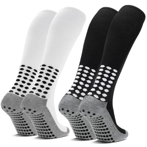 Ultrafun 2 Pairs Black and White Grip Soccer Socks for Men Women - Knee High, Non-Slip, Breathable, Moisture-Wicking Athletic Footwear