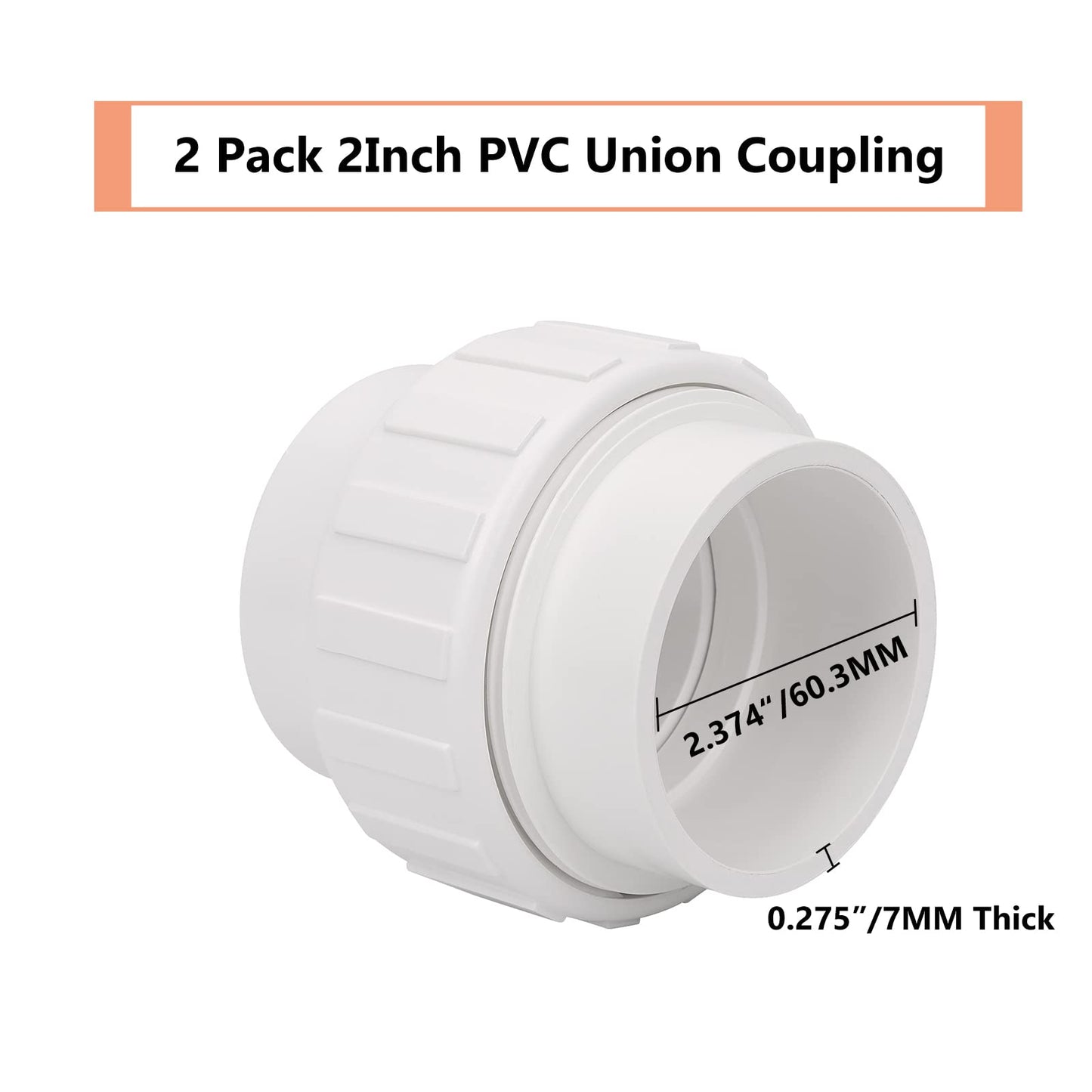 2 Pack 2" PVC Union Coupling Pipe Fitting (Socket x Socket) 2 Inch PVC Slip Union PVC Adapter Coupling Schedule 40, EPDM O-Ring, White