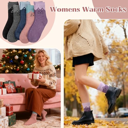 Wool Socks for Women - Cute Cat Crew Socks, 5 Pairs - One Size in Pink, Black, Blue, Grey, Purple