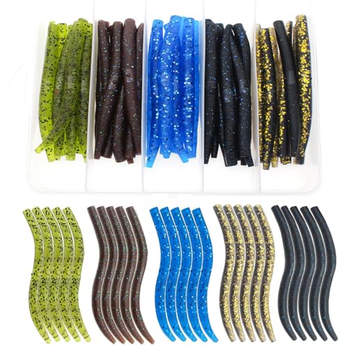 Soft Plastic Worms Fishing Lures Kit with Jig Heads - 25pcs, 5 Colors