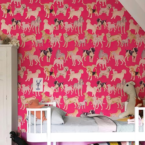 GaliGali Peel and Stick Wallpaper, Pink Dog Pets Wall Paper, Self Adhesive Wallpaper, Removable Contact Paper for Bedroom Cabinets Bathroom Decor Vinyl Waterproof 17.3"x118" NO.A03112A-3