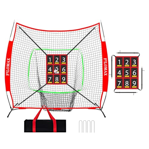 FILOMAX 7x7 ft Baseball & Softball Practice Net with 9-Strike Zone Target - Red, Portable Bow Frame