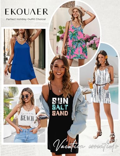 Ekouaer Blue Coconut Tree Large Women's Swimsuit Coverup Sleeveless V-Neck Summer Beach Dress