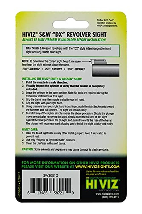 HIVIZ SW3001-G Smith&Wesson Fiber Optic Front Revolver Sight (.250 height)