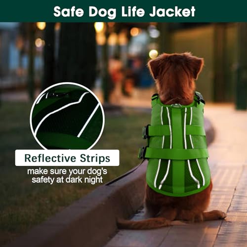 Kuoser XL Reflective Dog Life Jacket Green, High Flotation Pet Swim Vest
