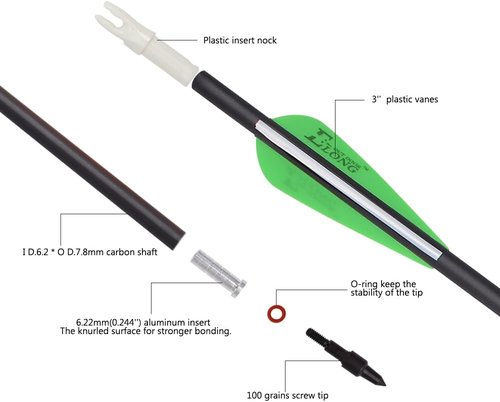 Archery Bow Carbon Arrows - Hunting Target Practice with Removable Tips | 26, 28, 30 Inch, Spine 500, 6PCS/12PCS
