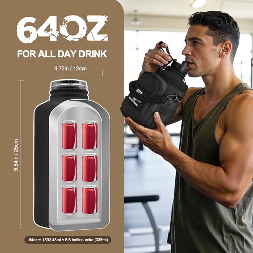 NATURE PIONEOR 64 oz Tactical Insulated Water Bottle with MOLLE Pouch & 3 Lids - Black