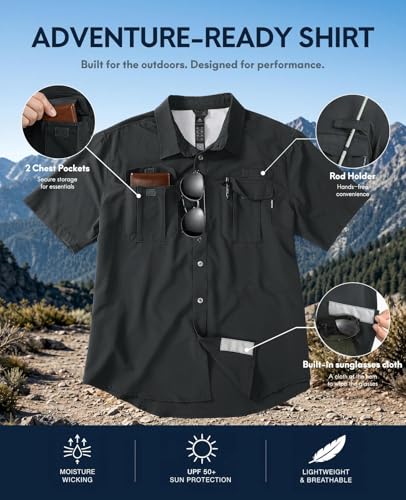 Haimont Men's UPF 50+ Short Sleeve Hiking Button-Down Shirt - Large, Dark Grey
