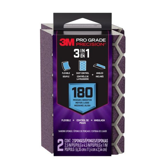 3M Pro Grade Precision 3-in-1 Sanding Sponge, 180 Grit Medium, 2 Sponges, Washable & Reusable, for Wood, Metal, Drywall, and Paint Prep – Flexible Foam, Contoured, Angled, Flat
