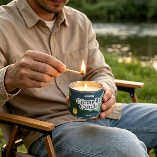 Olorvela 2 Pack Outdoor & Indoor Citronella Soy Wax Candles - 18oz, 60+ Hours Burn Time, Natural Scent, Reusable Metal Tins