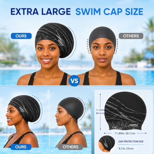 Extra Large Waterproof Swim Cap for Long Hair - Black