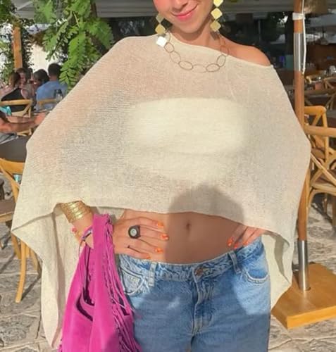 Seyurigaoka Creamy White Sheer Poncho Top with Off-Shoulder Mesh Cover Up - One Size