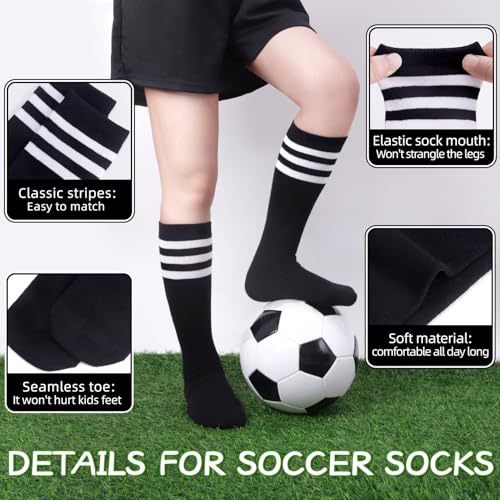 Kids Knee High Soccer Socks - 4 Pairs in Black, Purple, Pink, Blue - Seamless Toe