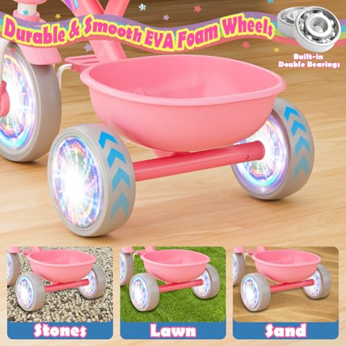 Unicorn Toddler Tricycle with Colorful Lighting Wheels - Pink