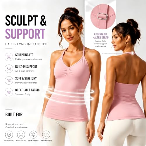Seamless Longline Strappy Tank Top for Women with Built-in Bra - Small Pink