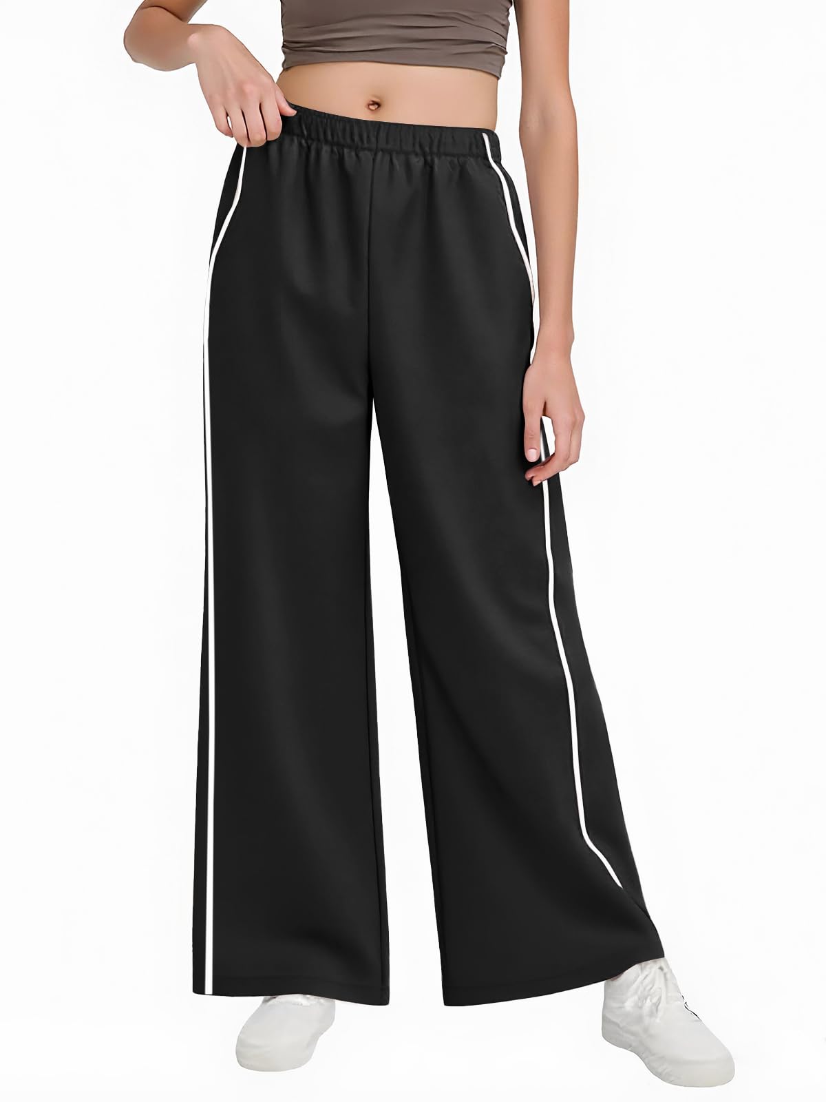 Haloumoning Girls Wide Leg Track Pants Kids Baggy Striped Parachute Pants Athletic Joggers with Pockets 5-14Y Black