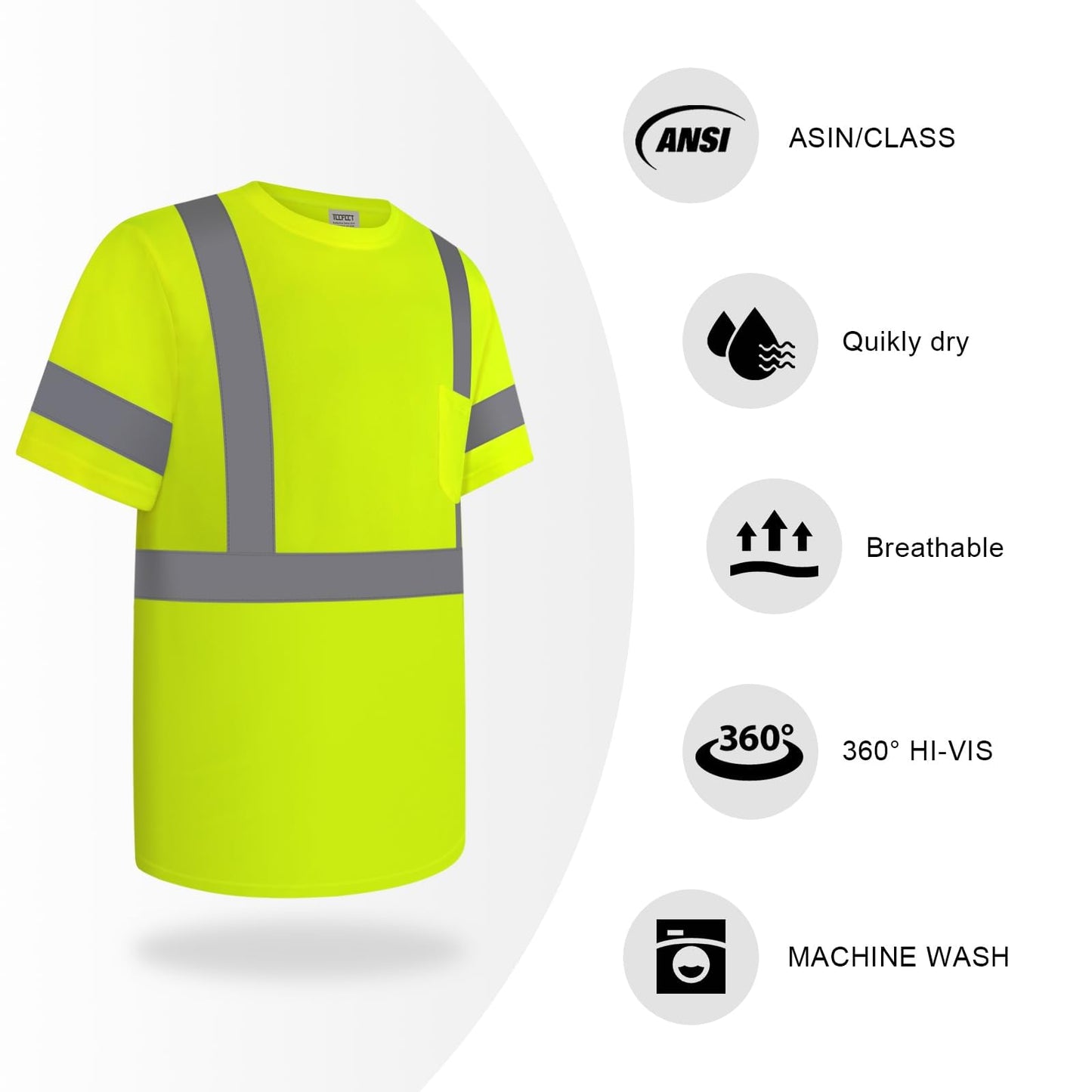 TCCFCCT Hi Vis Shirts for Men Class 3 High Visibility Shirt with Short Sleeves, Reflective Safety Shirts for Men, Construction Work Shirts with Reflective Strips, Durable &Breathable, DC-Yellow XL