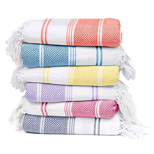 Native Fab Mediterranean Diamond Beach Towels 6-Pack - Soft, Quick Dry, Sand-Free, Oversized Cotton Pool Towels for Adults & Travel